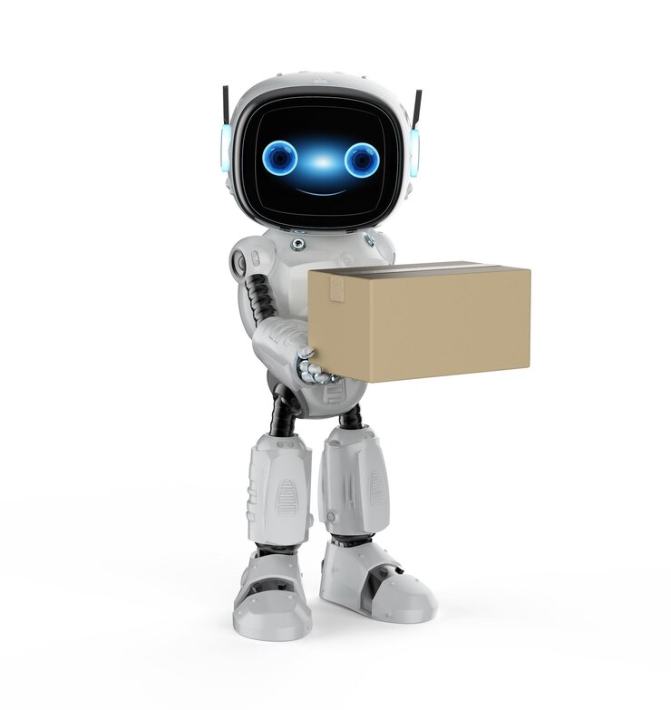Photo small robot assistant hand hold cardboard box