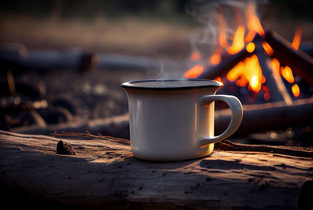 Smalto bianco tazza di caffè fumante caldo su un vecchio ceppo da un falò all'aperto