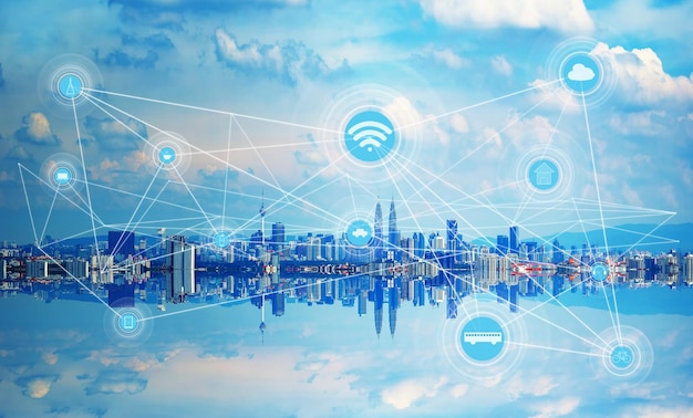 Smart city e rete di comunicazione wireless immagine astratta Internet visivo delle cose