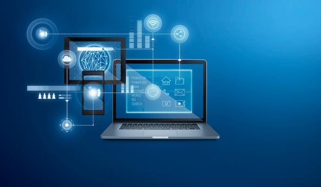 smart home app interface on laptop ,digital pad and smart phone  to control house with artificial intelligence .  smart home automation assistan concept .