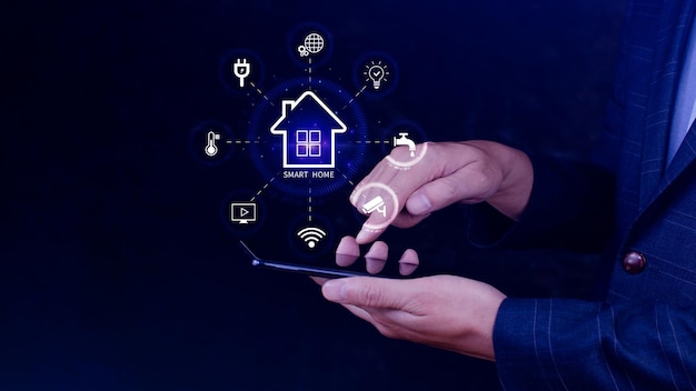 Smart home technology User touches virtual screen on smartphone manage smart home features including security lighting temperature Smart home and Iot concept