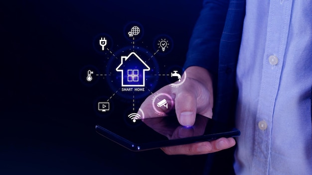 Smart home technology User touches virtual screen on smartphone manage smart home features including security lighting temperature Smart home and Iot concept