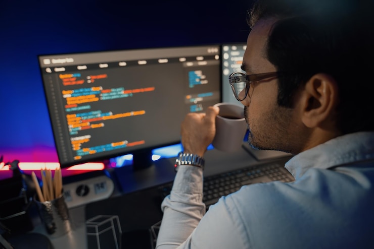 Photo smart it developer drinking coffee cup while working code on pc screen surmise