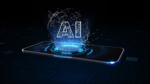 Smart Phone con simbolo AI, intelligenza artificiale (AI), concetto di data mining, tecnologia connessione dati digitale