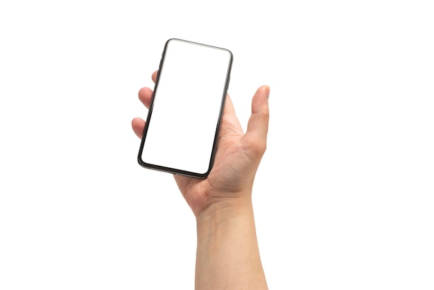 Smart phone in mano dell'uomo isolato su bianco