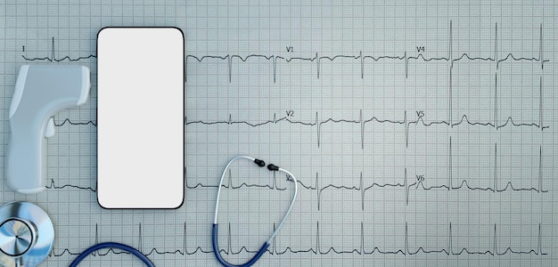 Smart phone mock up su grafico ECG con concetto di telemedicina per apparecchiature mediche con design mock up