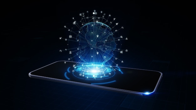 smart phone with digital earth globe hologram. network worldwide connection concept. 3d rendering