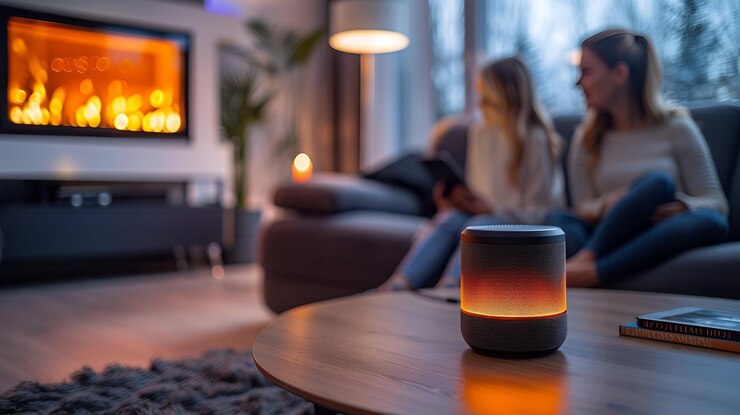 Smart speaker on the table with family member sitting on the sofa in the living room background The concept of modern home lifestyle and technology use for family communication and entertainment