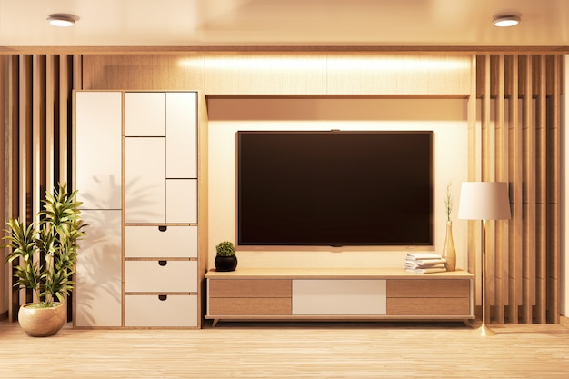 Smart Tv a parete e mobile in legno in stile giapponese in camera minimalista. 3D rednering