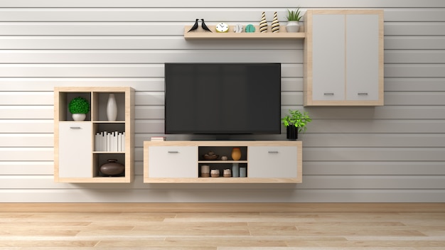 Smart TV in salotto moderno, rendering 3d