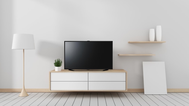 Smart Tv Mockup con schermo nero bianco appeso al decoro dell&#39;armadio. Rendering 3D