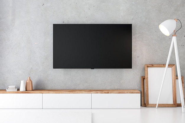 Smart Tv Mockup con schermo vuoto appeso al muro di cemento nel moderno rendering 3d di interni