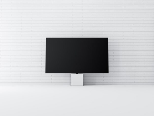 Smart Tv Mockup in piedi nella stanza bianca vicino al muro di mattoni. rendering 3D