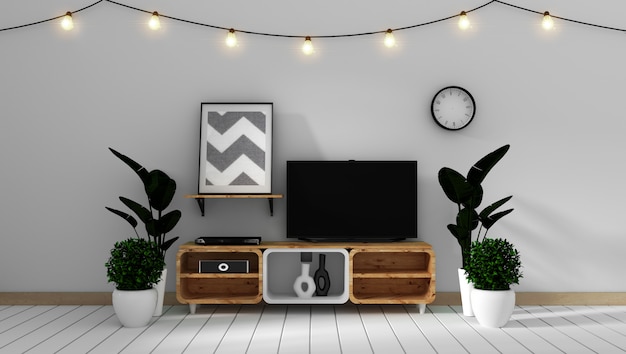 Smart Tv Mockup sul muro bianco nel soggiorno giapponese. Rendering 3D