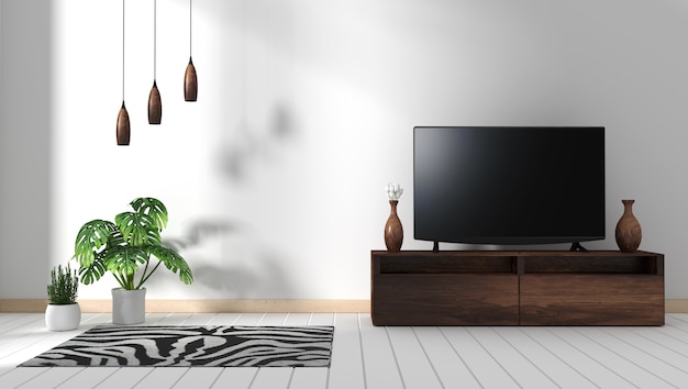 Smart Tv Mockup sull&#39;arredamento in legno, soggiorno moderno in stile zen. Rendering 3D