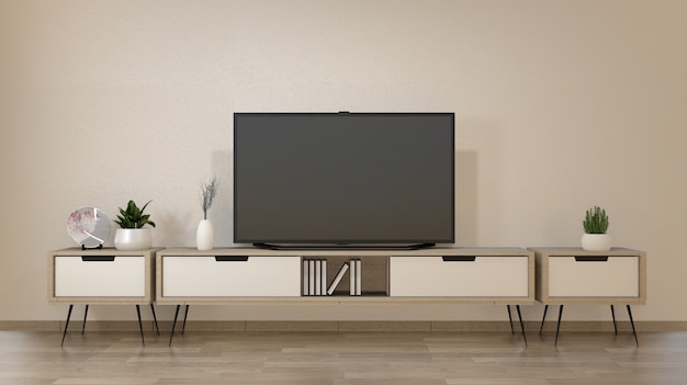 Smart Tv sul soggiorno zen con uno stile minimale di decorazione. Rendering 3D