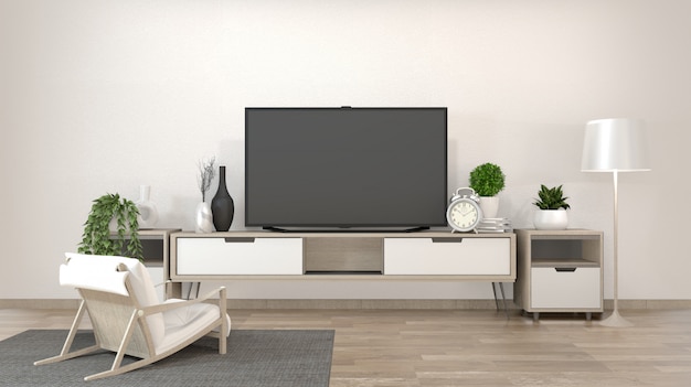 Smart Tv sul soggiorno zen con uno stile minimale di decorazione. Rendering 3D