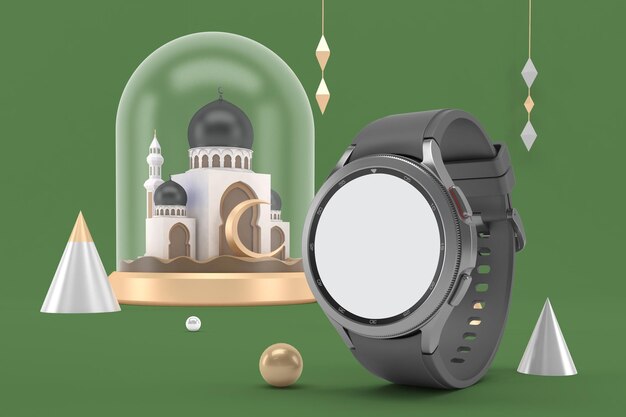 Smart Watch rotondo sul lato destro con sfondo a tema Ramadan