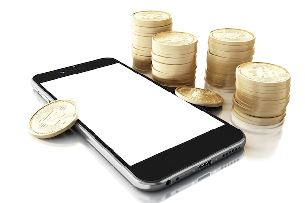 Smartphone 3D con contanti Bitcoin.