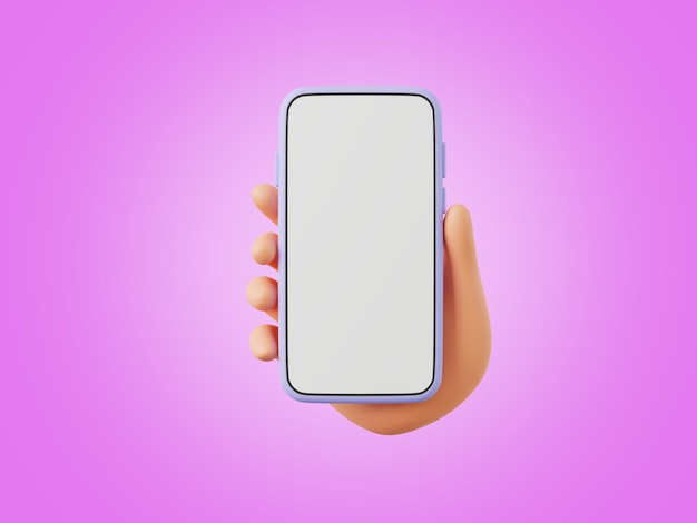 Smartphone 3D con mano in cartone animato su sfondo rosa Illustrazione di rendering 3D