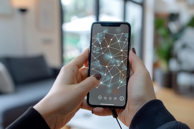 Smartphone a mano con tecnologia Network dots creata con Generative AI