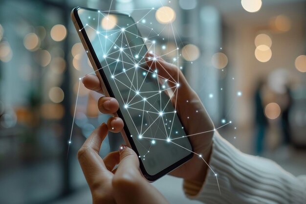 Smartphone a mano con tecnologia Network dots creata con Generative AI