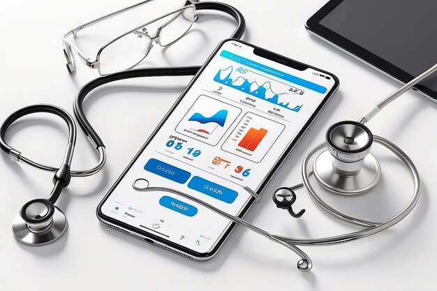 Smartphone a schermo bianco con termometro stetoscopico e tablet il concetto di un appuntamento con un medico farmacia online mock up rendering 3d