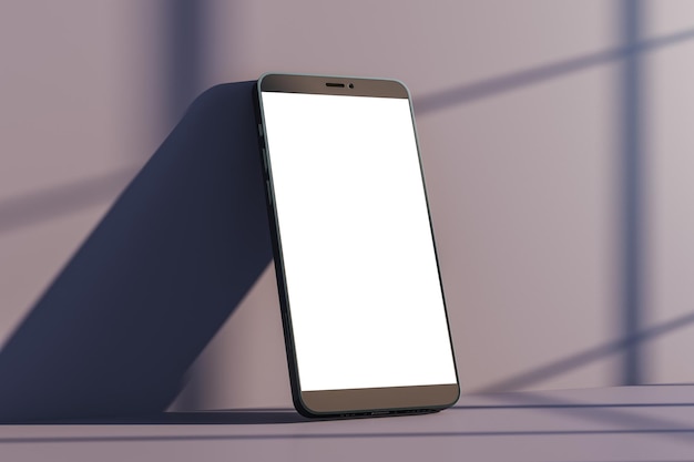 Smartphone bianco vuoto astratto con schermo mock up appoggiato su parete viola con luce solare e ombre delle finestre Rendering 3D del concetto di galleria