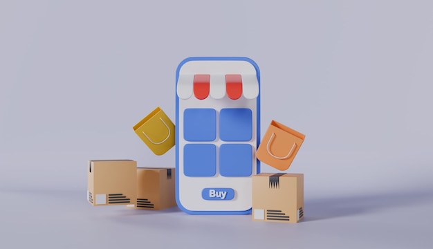 Smartphone con borsa della spesa concetto di scatola di pacco per il prodotto di marketing online