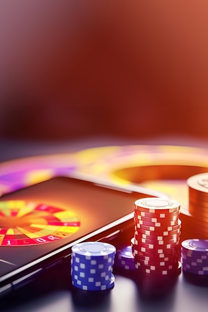 Smartphone con chip da gioco sul tavolo su sfondo sfocato con spazio di copia