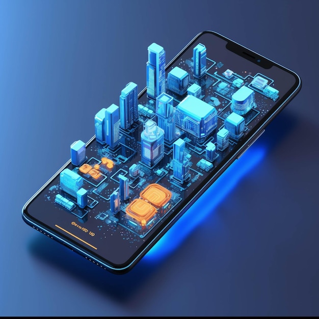 Smartphone con città futuristica sullo schermo illustrazione 3D