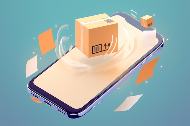 Smartphone con concetto di consegna veloce con ricevuta di scatole di pacchi galleggianti