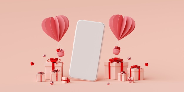 Smartphone con confezione regalo e palloncino a forma di cuore rendering 3d