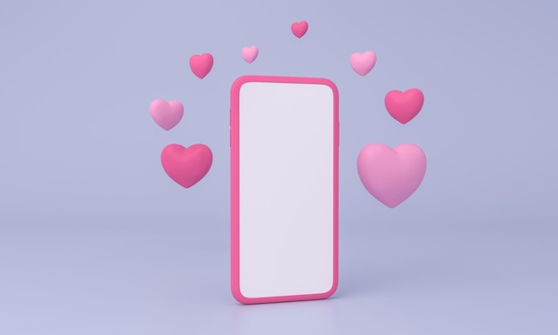 Smartphone con cuore intorno su sfondo viola Buon San Valentino compleanno donna o banner giorno mam