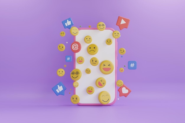 Smartphone con icone Emoji. Concetto di media sociali. Piattaforma di social media 3D,