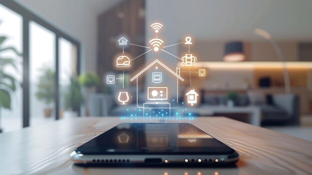 Smartphone con logo digitale icona smart home Smart phone controlla i dispositivi di smart home tramite connessione wireless e comandi vocali Internet of things concetto