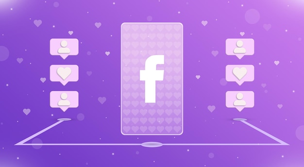 Smartphone con logo facebook e notifiche like sui lati 3d