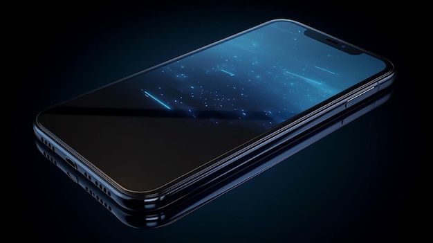 Smartphone con luce blu su sfondo nero ai generativo