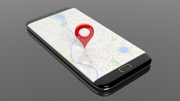 Smartphone con mappa e puntino rosso sullo schermo isolato su sfondo nero