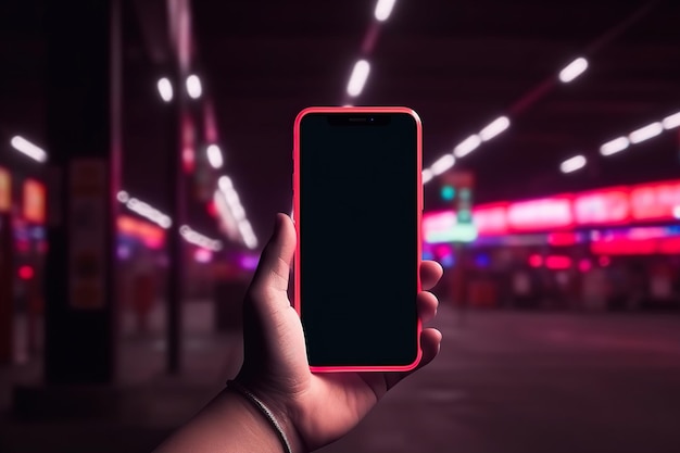 smartphone con mockup a schermo vuoto nella città di mezzanotte con luci al neon Generative ai