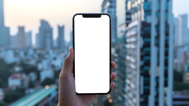 Smartphone con schermo bianco in mano con sfondo sfocato di un edificio per uffici