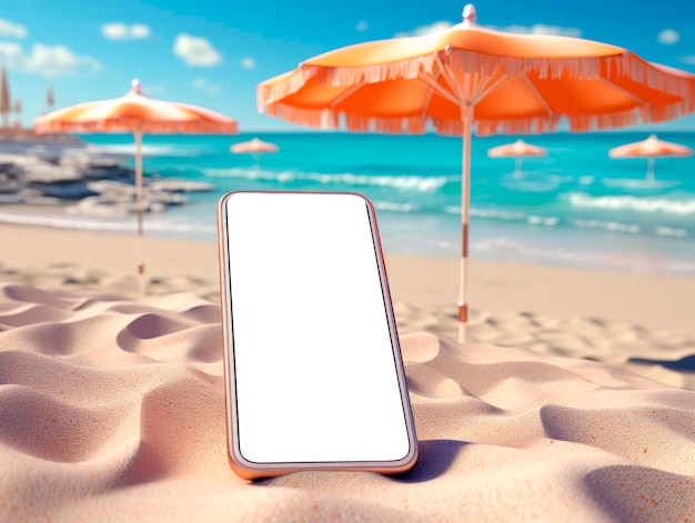 Smartphone con schermo bianco sulla spiaggia IA generativa