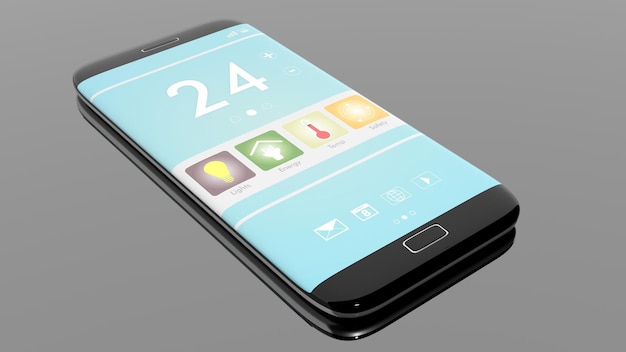 Smartphone con schermo di controllo remoto della casa intelligente isolato su sfondo nero