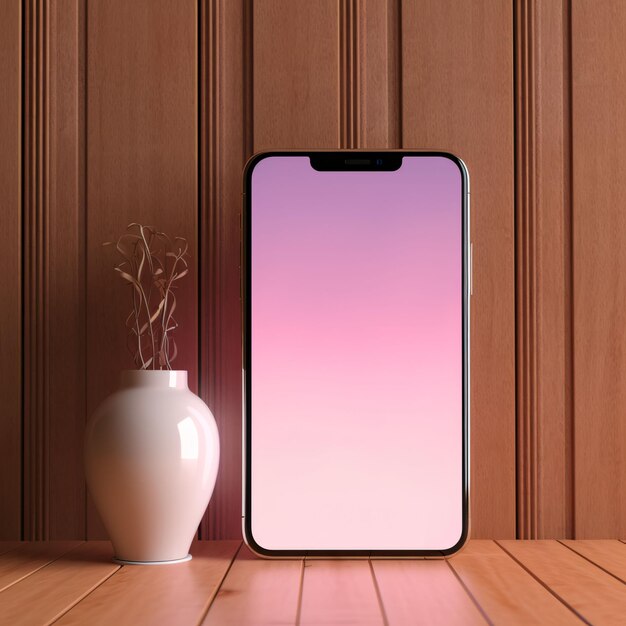 Smartphone con schermo rosa e vaso su sfondo di legno rendering 3D