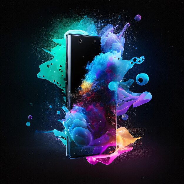 Smartphone con schizzi colorati su sfondo nero rendering 3D