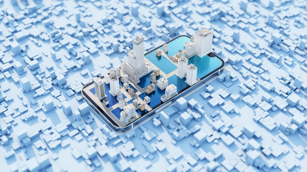 Smartphone con smart city techno low poly mega city background concetti tecnologici urbani e futuristici rendering 3D