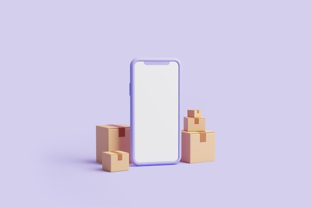 Smartphone con un gruppo di scatole di cartone su sfondo pastel lilac illustrazione di rendering 3D