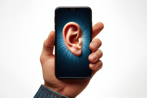 Smartphone con un orecchio che sporge dallo schermo in mano su uno sfondo bianco