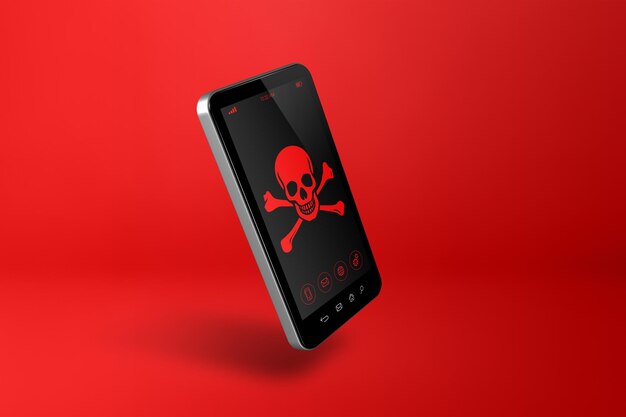 Smartphone con un simbolo pirata sullo schermo Concetto di hacking e virus