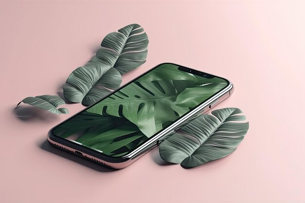 Smartphone con una foglia verde sullo schermo IA generativa